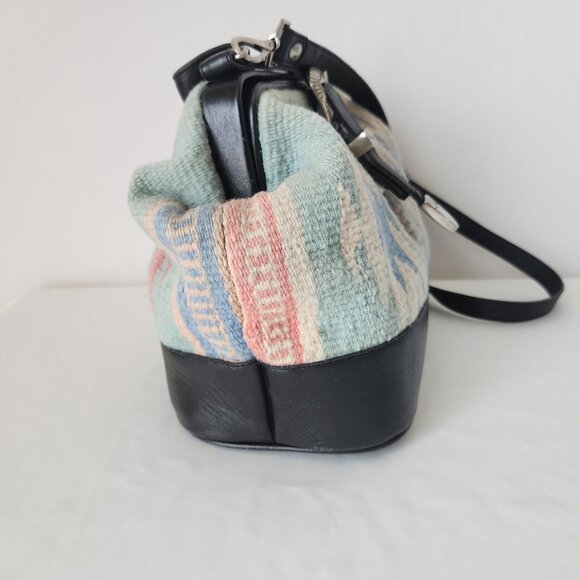 Vintage Mexican Handcraft Leather Woven-Wool Carpet Southwest Satchel Handbag - Picture 6 of 16